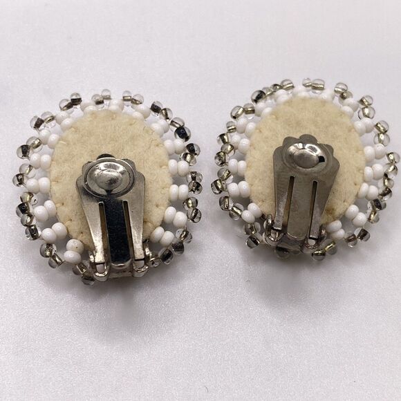 Vintage Seed Bead Cameo Set Necklace Earrings NEEDS REPAIR beautiful Unique - Picture 10 of 12